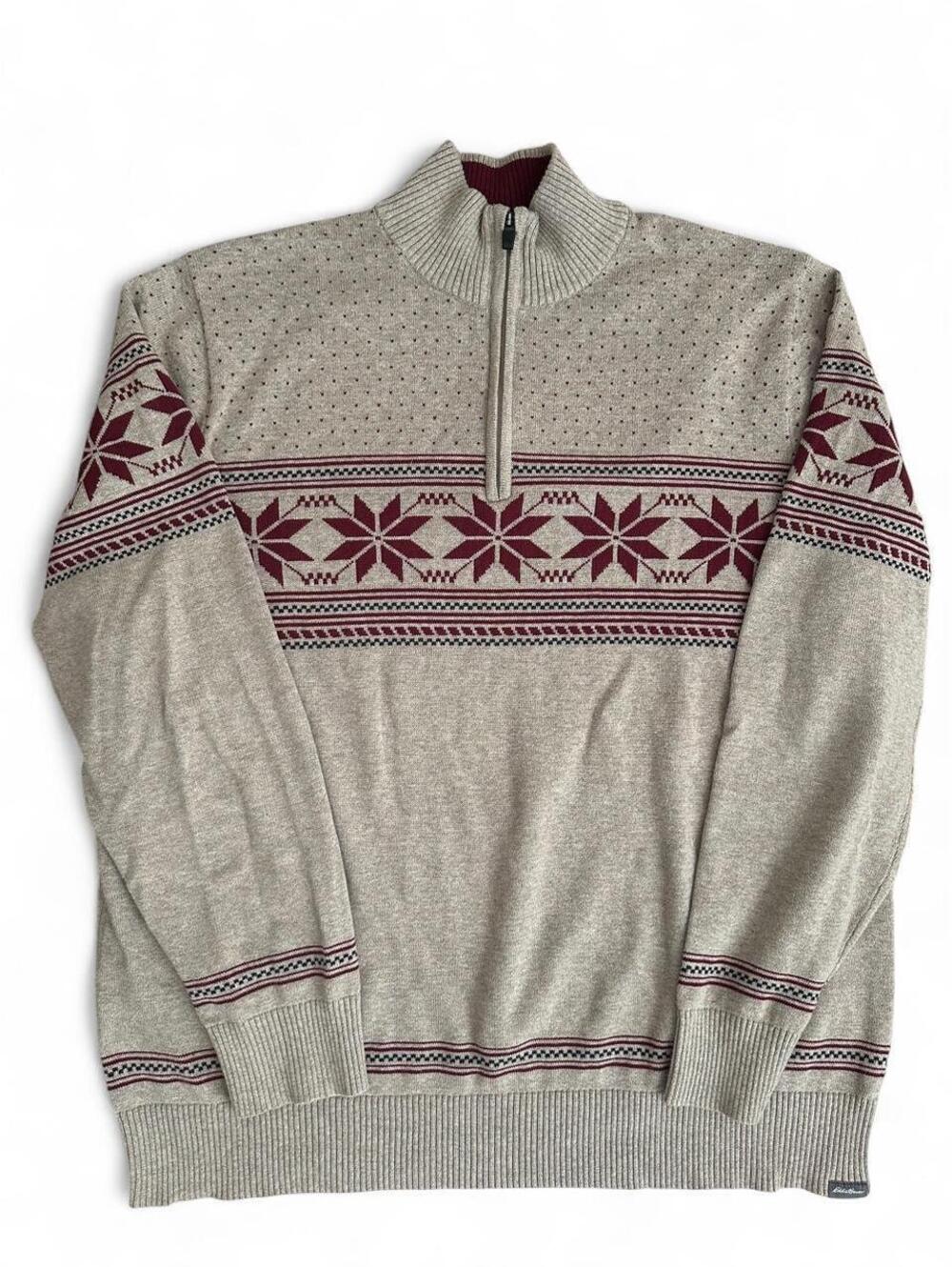 Eddie Bauer Sweater Men’s XLT Gray Burgundy Fair Isle Snowflake Quarter Zip Tall